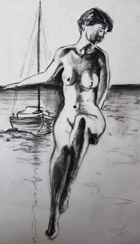 Un nu féminin, dessin au crayon pierre noire, inspiré par une photo de la jeune Lee Miller, émision de l'Arte l'Amour à l'Oeuvre, 2020