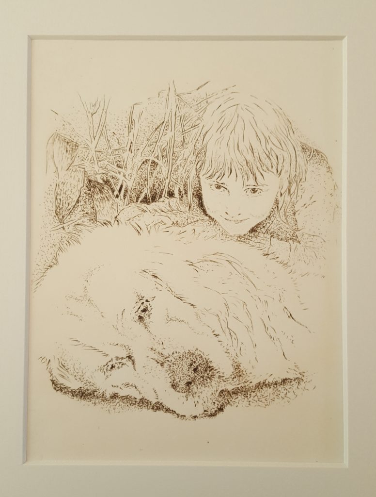 Double portrait: fillette et son chien, gravure sur rhodoide, 2018
